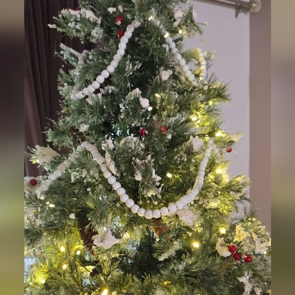 New Round 14mm Wood Bead Christmas Garland, White, 9 feet bundle of 3